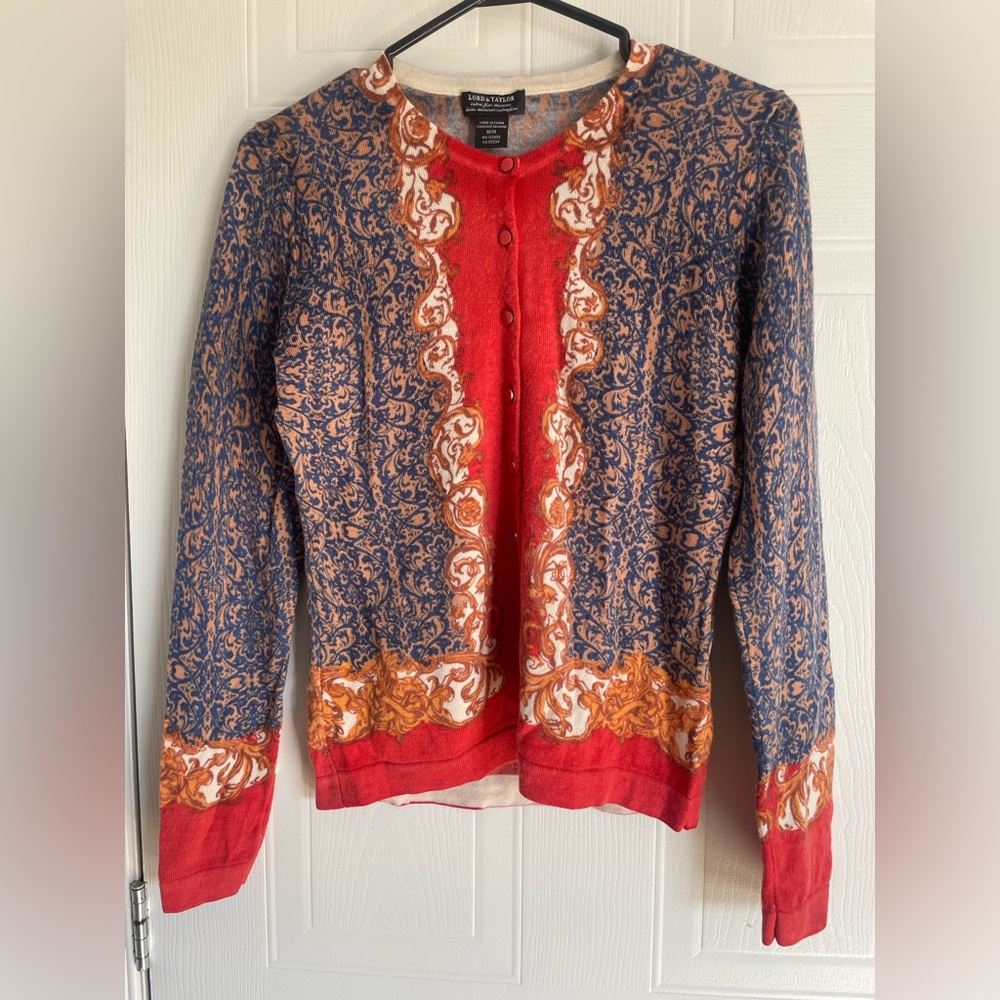 Red Cardigan Lord & Taylor Merino Wool Baroque Tapestry Sweater Size M Vintage - Picture 2 of 13